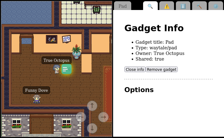 (Work in progress) An avatar looking at an Etherpad gadget. It was clicked/tapped to show an information page with more details. (Btw, gadgets now glow when selected and hooray for colourful tab icons.)