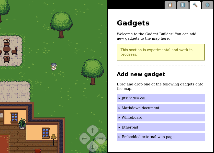 A new tab called “🔨” (working title) allows placing new gadgets on the map.