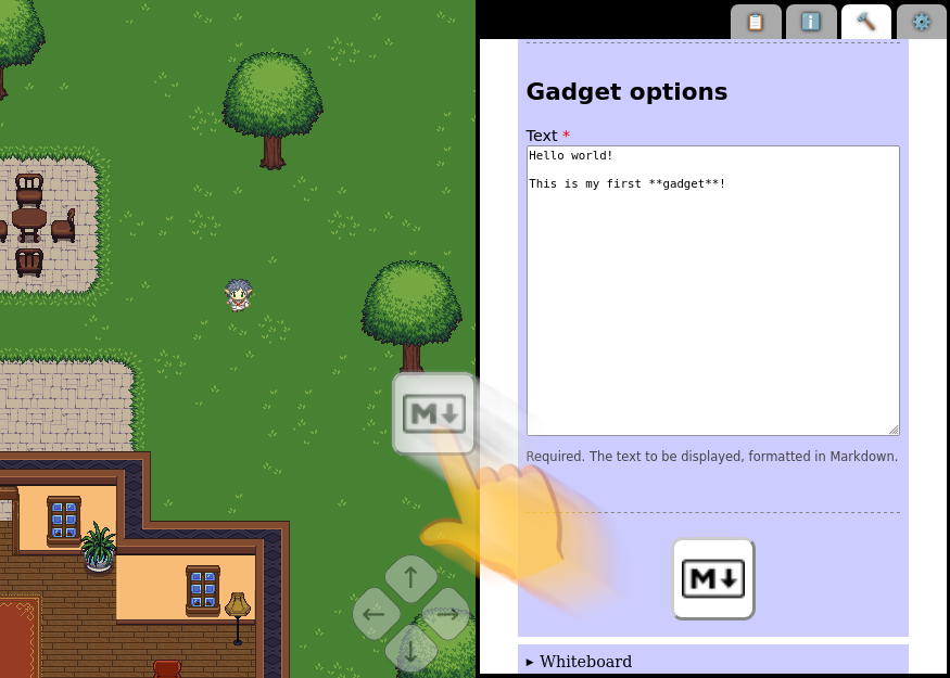 After selecting a gadget type, gadget-specific options can be entered. You can place the gadget on the map by dragging the big preview icon and dropping it on the map where you see fits. (Huge, majestic hand for visualisation purposes and not included in Waytale.)