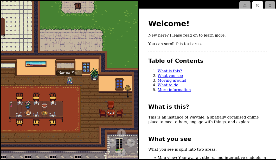 Move through a 2D space, meet people, interact with things.
